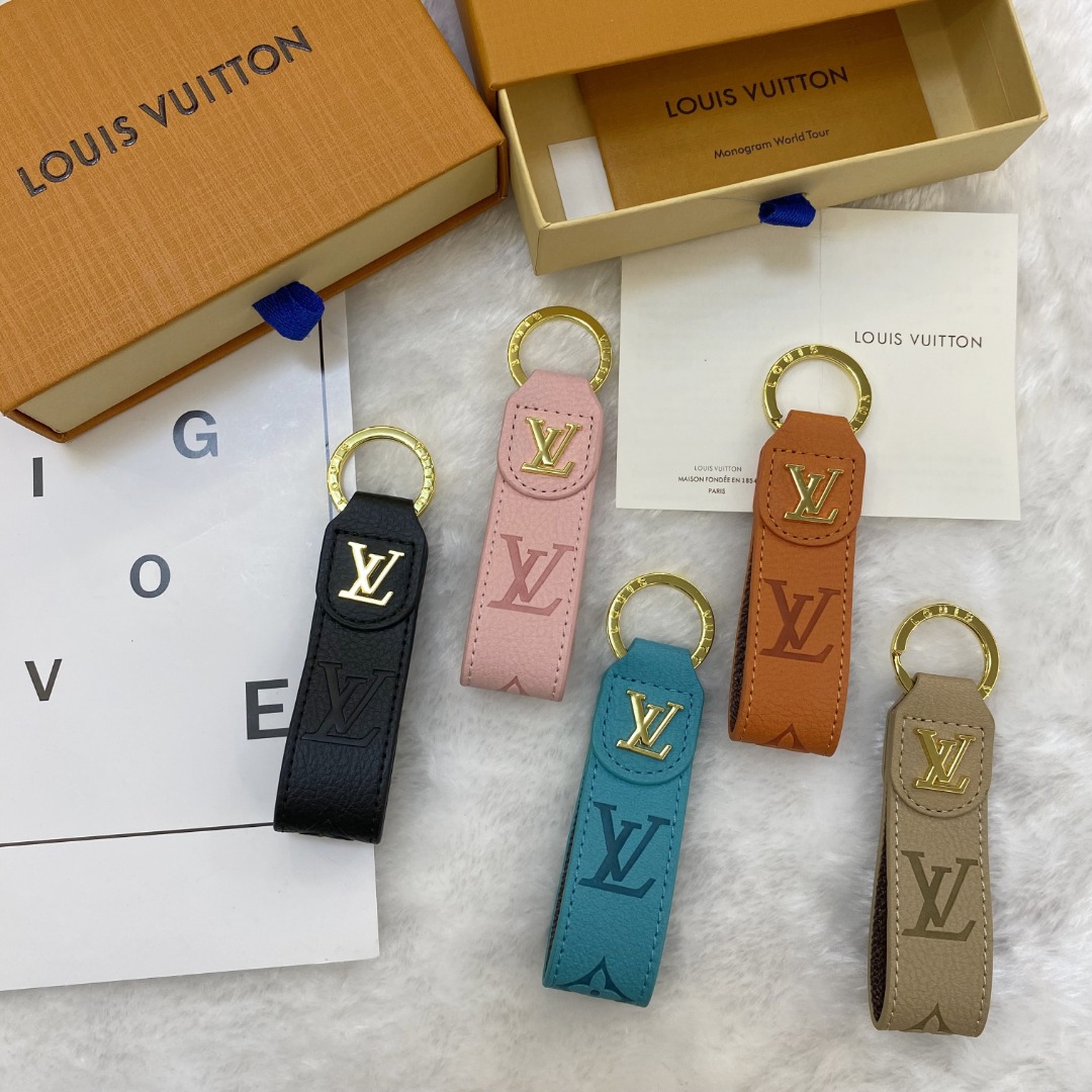 Close-up of meticulously crafted LV monogram on the stylish keychain
