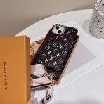 Iconic LV monogram pattern on iPhone case with chain