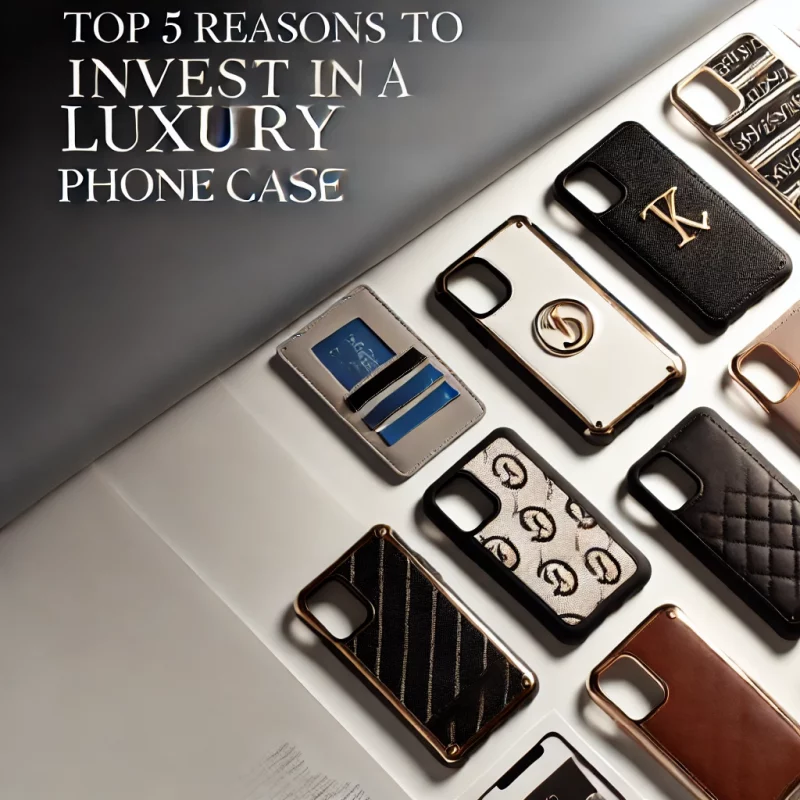 Luxury phone cases arranged stylishly with text overlay 'Top 5 Reasons to Invest in a Luxury Phone Case.' The cases feature premium materials like leather and metal, showcasing elegant monogram designs and unique patterns in black, brown, and beige, reflecting high-end style and quality.